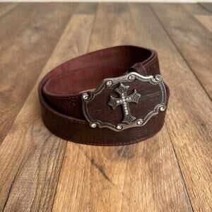 Vintage Y2K Leather Belt Women's Large Brown Cross Embossed Floral Gothic 6804